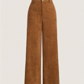 Solid Corduroy Straight Leg Pants, Vintage Patched Pocket Loose Pants, Women's Clothing Solid Corduroy Straight Leg Pants, Vintage Patched Pocket Loose Pants, Women's Clothing