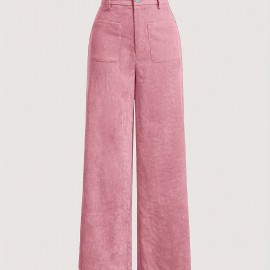 Solid Corduroy Straight Leg Pants, Vintage Patched Pocket Loose Pants, Women's Clothing Solid Corduroy Straight Leg Pants, Vintage Patched Pocket Loose Pants, Women's Clothing