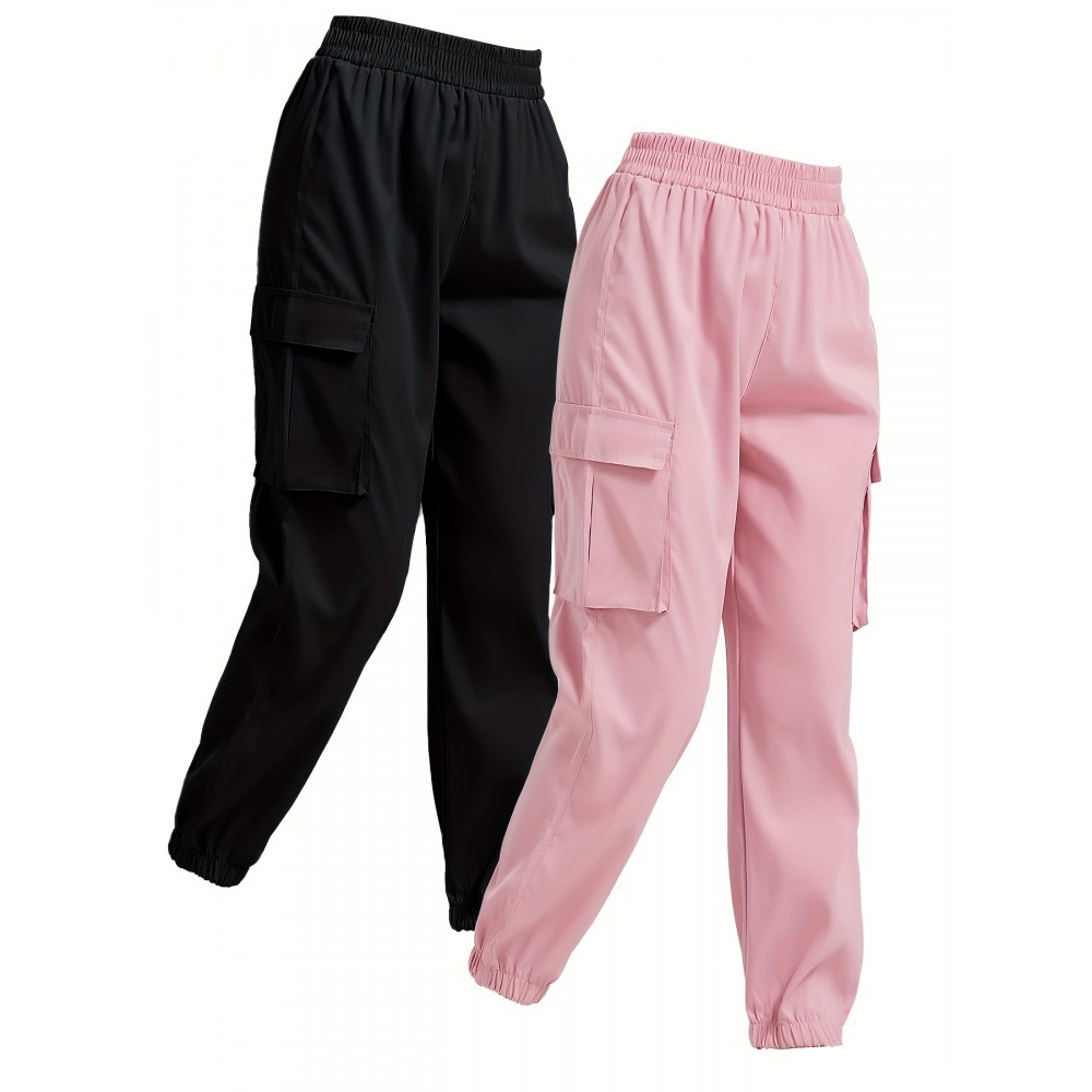 Solid Jogger Cargo Pants 2 Pack, Casual Flap Pocket Elastic Waist Pants, Women's Clothing Solid Jogger Cargo Pants 2 Pack, Casual Flap Pocket Elastic Waist Pants, Women's Clothing