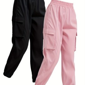 Solid Jogger Cargo Pants 2 Pack, Casual Flap Pocket Elastic Waist Pants, Women's Clothing Solid Jogger Cargo Pants 2 Pack, Casual Flap Pocket Elastic Waist Pants, Women's Clothing