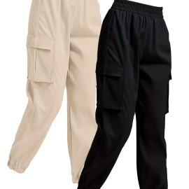 Solid Jogger Cargo Pants 2 Pack, Casual Flap Pocket Elastic Waist Pants, Women's Clothing Solid Jogger Cargo Pants 2 Pack, Casual Flap Pocket Elastic Waist Pants, Women's Clothing