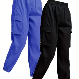Solid Jogger Cargo Pants 2 Pack, Casual Flap Pocket Elastic Waist Pants, Women's Clothing Solid Jogger Cargo Pants 2 Pack, Casual Flap Pocket Elastic Waist Pants, Women's Clothing