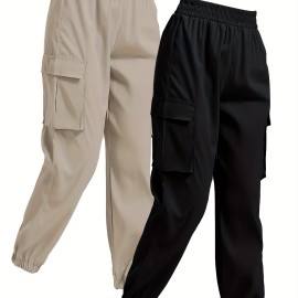 Solid Jogger Cargo Pants 2 Pack, Casual Flap Pocket Elastic Waist Pants, Women's Clothing Solid Jogger Cargo Pants 2 Pack, Casual Flap Pocket Elastic Waist Pants, Women's Clothing