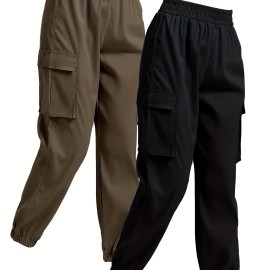 Solid Jogger Cargo Pants 2 Pack, Casual Flap Pocket Elastic Waist Pants, Women's Clothing Solid Jogger Cargo Pants 2 Pack, Casual Flap Pocket Elastic Waist Pants, Women's Clothing