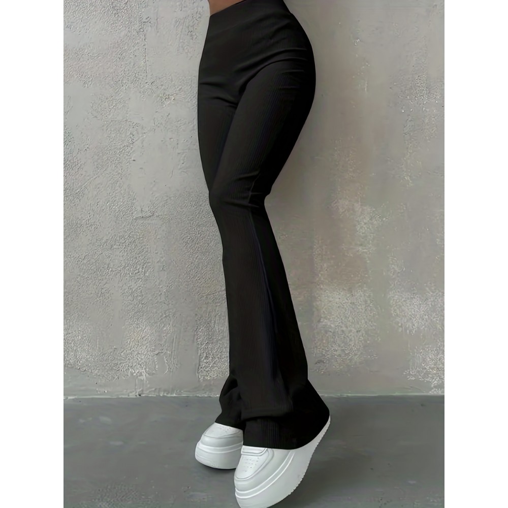 Solid Ribbed Flare Leg Pants, High Waist Slim Elastic Pants, Women's Clothing Solid Ribbed Flare Leg Pants, High Waist Slim Elastic Pants, Women's Clothing