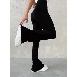 Solid Ribbed Flare Leg Pants, High Waist Slim Elastic Pants, Women's Clothing Solid Ribbed Flare Leg Pants, High Waist Slim Elastic Pants, Women's Clothing