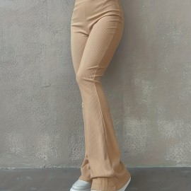 Solid Ribbed Flare Leg Pants, High Waist Slim Elastic Pants, Women's Clothing Solid Ribbed Flare Leg Pants, High Waist Slim Elastic Pants, Women's Clothing