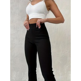 Solid Ribbed Flare Leg Pants, High Waist Slim Elastic Pants, Women's Clothing Solid Ribbed Flare Leg Pants, High Waist Slim Elastic Pants, Women's Clothing