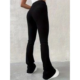 Solid Ribbed Flare Leg Pants, High Waist Slim Elastic Pants, Women's Clothing Solid Ribbed Flare Leg Pants, High Waist Slim Elastic Pants, Women's Clothing