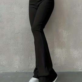 Solid Ribbed Flare Leg Pants, High Waist Slim Elastic Pants, Women's Clothing Solid Ribbed Flare Leg Pants, High Waist Slim Elastic Pants, Women's Clothing