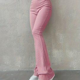 Solid Ribbed Flare Leg Pants, High Waist Slim Elastic Pants, Women's Clothing Solid Ribbed Flare Leg Pants, High Waist Slim Elastic Pants, Women's Clothing