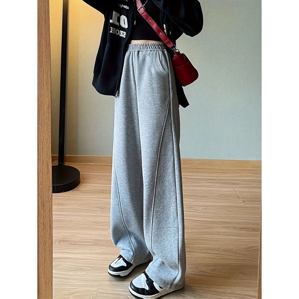 Solid Elastic High Waist Sweatpants, Casual Sporty Wide Leg Pants With Pocket, Women's Clothing Solid Elastic High Waist Sweatpants, Casual Sporty Wide Leg Pants With Pocket, Women's Clothing