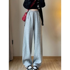 Solid Elastic High Waist Sweatpants, Casual Sporty Wide Leg Pants With Pocket, Women's Clothing Solid Elastic High Waist Sweatpants, Casual Sporty Wide Leg Pants With Pocket, Women's Clothing