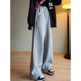 Solid Elastic High Waist Sweatpants, Casual Sporty Wide Leg Pants With Pocket, Women's Clothing Solid Elastic High Waist Sweatpants, Casual Sporty Wide Leg Pants With Pocket, Women's Clothing