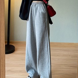 Solid Elastic High Waist Sweatpants, Casual Sporty Wide Leg Pants With Pocket, Women's Clothing Solid Elastic High Waist Sweatpants, Casual Sporty Wide Leg Pants With Pocket, Women's Clothing