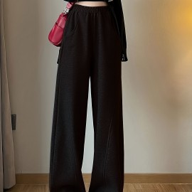 Solid Elastic High Waist Sweatpants, Casual Sporty Wide Leg Pants With Pocket, Women's Clothing Solid Elastic High Waist Sweatpants, Casual Sporty Wide Leg Pants With Pocket, Women's Clothing