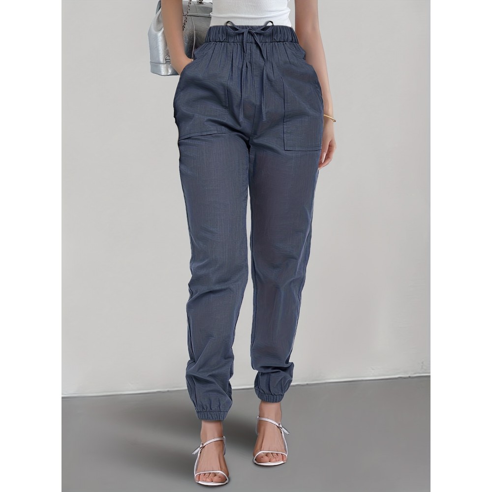 Solid Drawstring Patched Pockets Pants, Casual Sporty Pants For Spring & Summer, Women's Clothing Solid Drawstring Patched Pockets Pants, Casual Sporty Pants For Spring & Summer, Women's Clothing