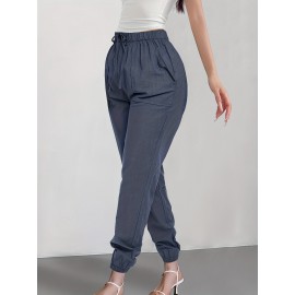 Solid Drawstring Patched Pockets Pants, Casual Sporty Pants For Spring & Summer, Women's Clothing Solid Drawstring Patched Pockets Pants, Casual Sporty Pants For Spring & Summer, Women's Clothing