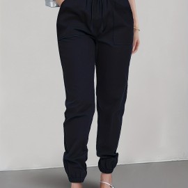 Solid Drawstring Patched Pockets Pants, Casual Sporty Pants For Spring & Summer, Women's Clothing Solid Drawstring Patched Pockets Pants, Casual Sporty Pants For Spring & Summer, Women's Clothing
