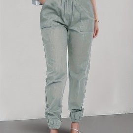 Solid Drawstring Patched Pockets Pants, Casual Sporty Pants For Spring & Summer, Women's Clothing Solid Drawstring Patched Pockets Pants, Casual Sporty Pants For Spring & Summer, Women's Clothing