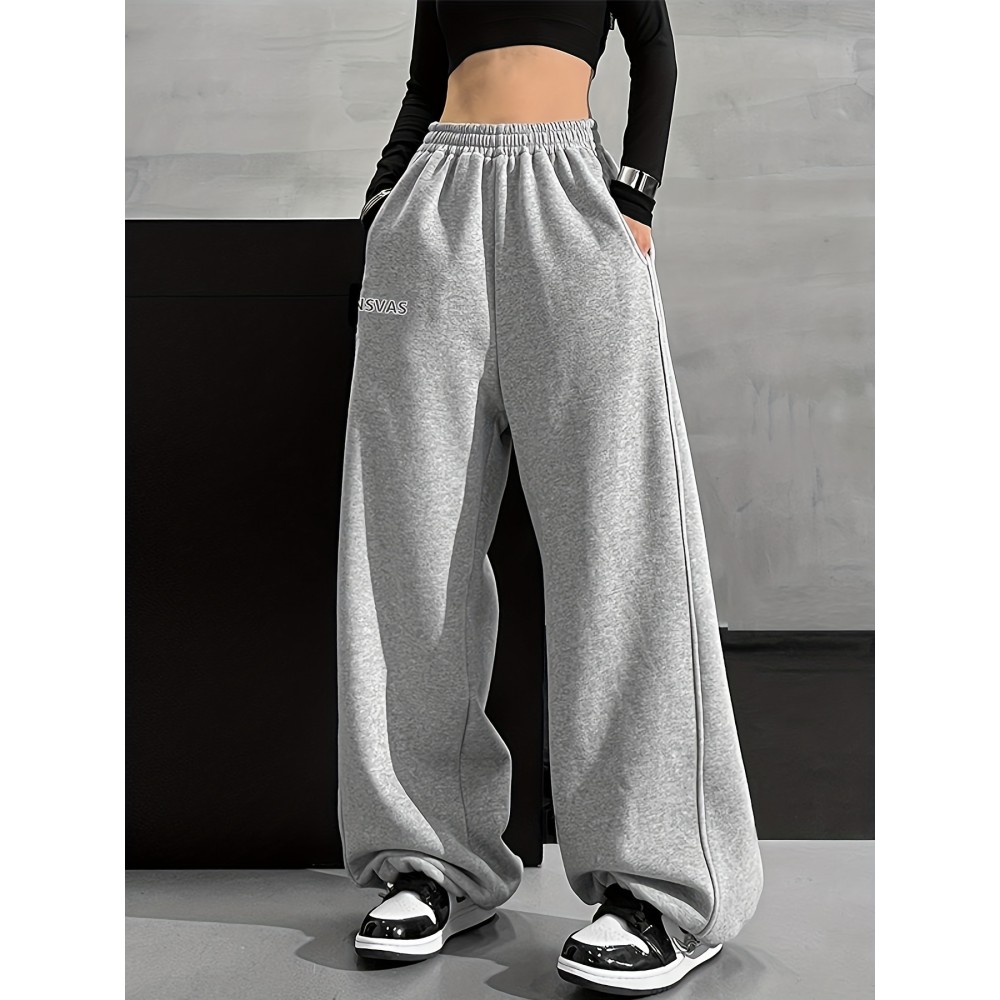 Slant Pockets Wide Leg Pants, Casual Letter Print Loose Elastic High Waist Pants For Fall, Women's Clothing Slant Pockets Wide Leg Pants, Casual Letter Print Loose Elastic High Waist Pants For Fall, Women's Clothing