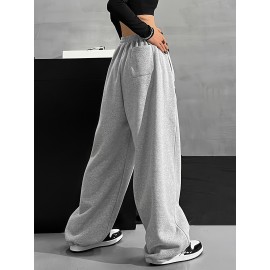 Slant Pockets Wide Leg Pants, Casual Letter Print Loose Elastic High Waist Pants For Fall, Women's Clothing Slant Pockets Wide Leg Pants, Casual Letter Print Loose Elastic High Waist Pants For Fall, Women's Clothing