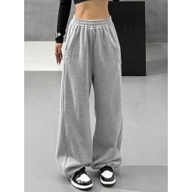 Slant Pockets Wide Leg Pants, Casual Letter Print Loose Elastic High Waist Pants For Fall, Women's Clothing Slant Pockets Wide Leg Pants, Casual Letter Print Loose Elastic High Waist Pants For Fall, Women's Clothing