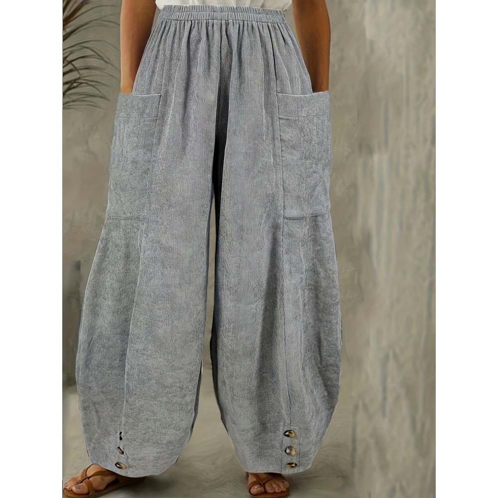 Solid Corduroy Patched Pockets Pants, Casual Loose Button Decor Pants For Spring & Fall, Women's Clothing Solid Corduroy Patched Pockets Pants, Casual Loose Button Decor Pants For Spring & Fall, Women's Clothing