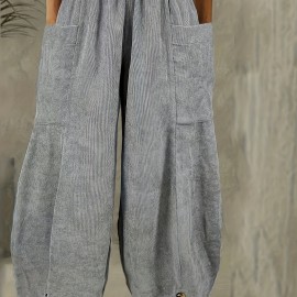Solid Corduroy Patched Pockets Pants, Casual Loose Button Decor Pants For Spring & Fall, Women's Clothing Solid Corduroy Patched Pockets Pants, Casual Loose Button Decor Pants For Spring & Fall, Women's Clothing