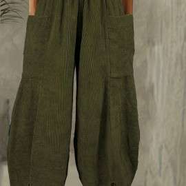 Solid Corduroy Patched Pockets Pants, Casual Loose Button Decor Pants For Spring & Fall, Women's Clothing Solid Corduroy Patched Pockets Pants, Casual Loose Button Decor Pants For Spring & Fall, Women's Clothing