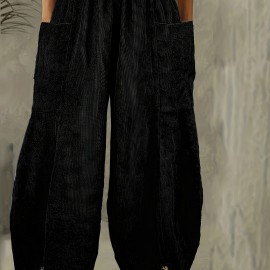 Solid Corduroy Patched Pockets Pants, Casual Loose Button Decor Pants For Spring & Fall, Women's Clothing Solid Corduroy Patched Pockets Pants, Casual Loose Button Decor Pants For Spring & Fall, Women's Clothing