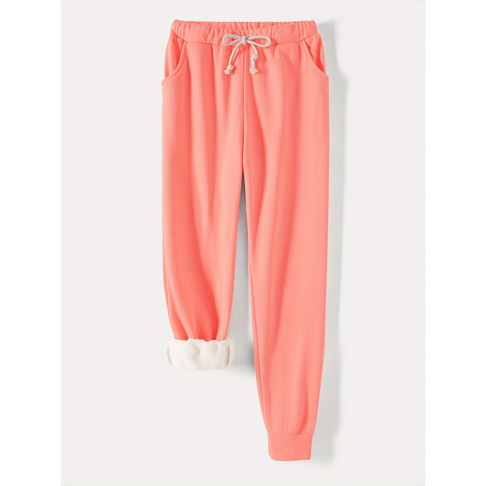 Solid Drawstring Thermal Sweatpants, Versatile Loose Comfy Jogger Pants, Women's Clothing Solid Drawstring Thermal Sweatpants, Versatile Loose Comfy Jogger Pants, Women's Clothing