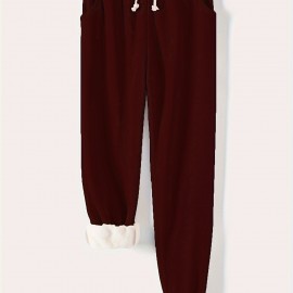 Solid Drawstring Thermal Sweatpants, Versatile Loose Comfy Jogger Pants, Women's Clothing Solid Drawstring Thermal Sweatpants, Versatile Loose Comfy Jogger Pants, Women's Clothing