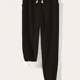 Solid Drawstring Thermal Sweatpants, Versatile Loose Comfy Jogger Pants, Women's Clothing Solid Drawstring Thermal Sweatpants, Versatile Loose Comfy Jogger Pants, Women's Clothing
