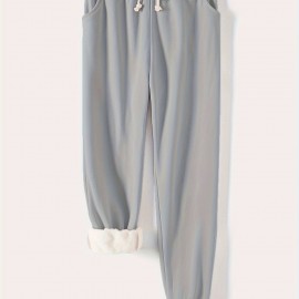 Solid Drawstring Thermal Sweatpants, Versatile Loose Comfy Jogger Pants, Women's Clothing Solid Drawstring Thermal Sweatpants, Versatile Loose Comfy Jogger Pants, Women's Clothing