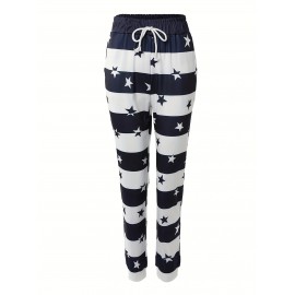 Striped & Star Print Drawstring Pants, Casual Pants For Spring & Summer, Women's Clothing Striped & Star Print Drawstring Pants, Casual Pants For Spring & Summer, Women's Clothing