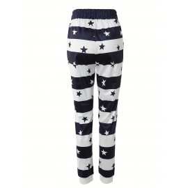 Striped & Star Print Drawstring Pants, Casual Pants For Spring & Summer, Women's Clothing Striped & Star Print Drawstring Pants, Casual Pants For Spring & Summer, Women's Clothing