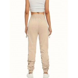 Ruched Solid Cargo Pants, Elegant High Waist Drawstring Pants With Pockets, Women's Clothing Ruched Solid Cargo Pants, Elegant High Waist Drawstring Pants With Pockets, Women's Clothing