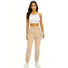 Ruched Solid Cargo Pants, Elegant High Waist Drawstring Pants With Pockets, Women's Clothing Ruched Solid Cargo Pants, Elegant High Waist Drawstring Pants With Pockets, Women's Clothing