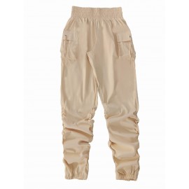 Ruched Solid Cargo Pants, Elegant High Waist Drawstring Pants With Pockets, Women's Clothing Ruched Solid Cargo Pants, Elegant High Waist Drawstring Pants With Pockets, Women's Clothing