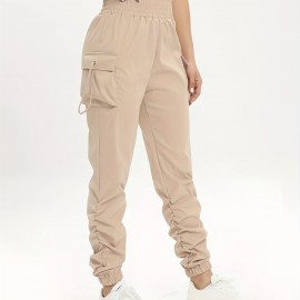 Ruched Solid Cargo Pants, Elegant High Waist Drawstring Pants With Pockets, Women's Clothing Ruched Solid Cargo Pants, Elegant High Waist Drawstring Pants With Pockets, Women's Clothing