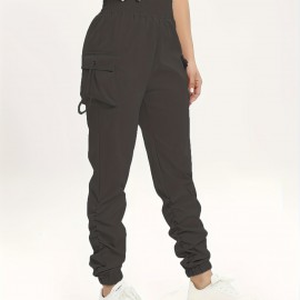Ruched Solid Cargo Pants, Elegant High Waist Drawstring Pants With Pockets, Women's Clothing Ruched Solid Cargo Pants, Elegant High Waist Drawstring Pants With Pockets, Women's Clothing