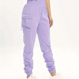 Ruched Solid Cargo Pants, Elegant High Waist Drawstring Pants With Pockets, Women's Clothing Ruched Solid Cargo Pants, Elegant High Waist Drawstring Pants With Pockets, Women's Clothing