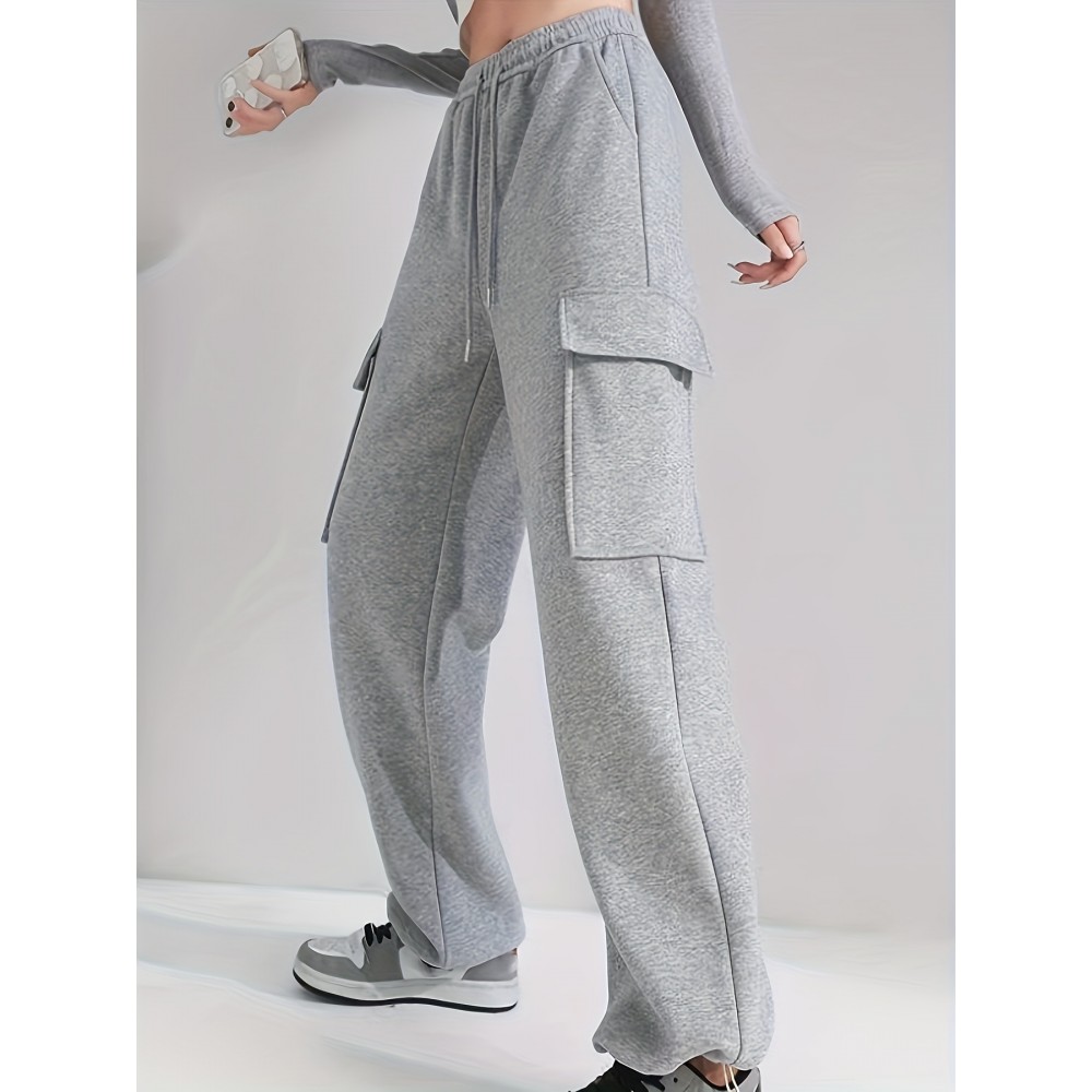 Solid Flap Pocket Loose Cargo Sweatpants, Casual Drawstring Pants For Spring & Fall, Women's Clothing Solid Flap Pocket Loose Cargo Sweatpants, Casual Drawstring Pants For Spring & Fall, Women's Clothing