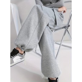 Solid Flap Pocket Loose Cargo Sweatpants, Casual Drawstring Pants For Spring & Fall, Women's Clothing Solid Flap Pocket Loose Cargo Sweatpants, Casual Drawstring Pants For Spring & Fall, Women's Clothing