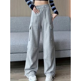Solid Flap Pocket Loose Cargo Sweatpants, Casual Drawstring Pants For Spring & Fall, Women's Clothing Solid Flap Pocket Loose Cargo Sweatpants, Casual Drawstring Pants For Spring & Fall, Women's Clothing