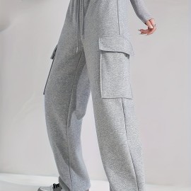 Solid Flap Pocket Loose Cargo Sweatpants, Casual Drawstring Pants For Spring & Fall, Women's Clothing Solid Flap Pocket Loose Cargo Sweatpants, Casual Drawstring Pants For Spring & Fall, Women's Clothing