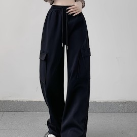 Solid Flap Pocket Loose Cargo Sweatpants, Casual Drawstring Pants For Spring & Fall, Women's Clothing Solid Flap Pocket Loose Cargo Sweatpants, Casual Drawstring Pants For Spring & Fall, Women's Clothing