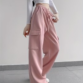 Solid Flap Pocket Loose Cargo Sweatpants, Casual Drawstring Pants For Spring & Fall, Women's Clothing Solid Flap Pocket Loose Cargo Sweatpants, Casual Drawstring Pants For Spring & Fall, Women's Clothing