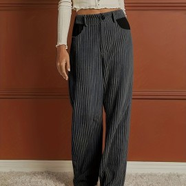 Ribbed Button Front Wide Leg Pants, Casual High Waist Pants, Women's Clothing Ribbed Button Front Wide Leg Pants, Casual High Waist Pants, Women's Clothing